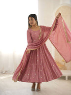 Dust Pink Roman Silk With Embroidery Work Suit Set