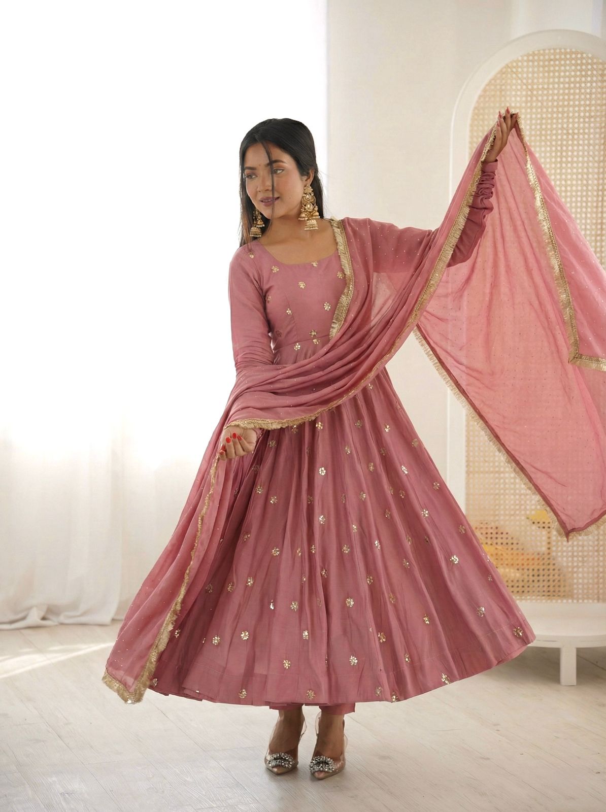 Dust Pink Roman Silk With Embroidery Work Suit Set