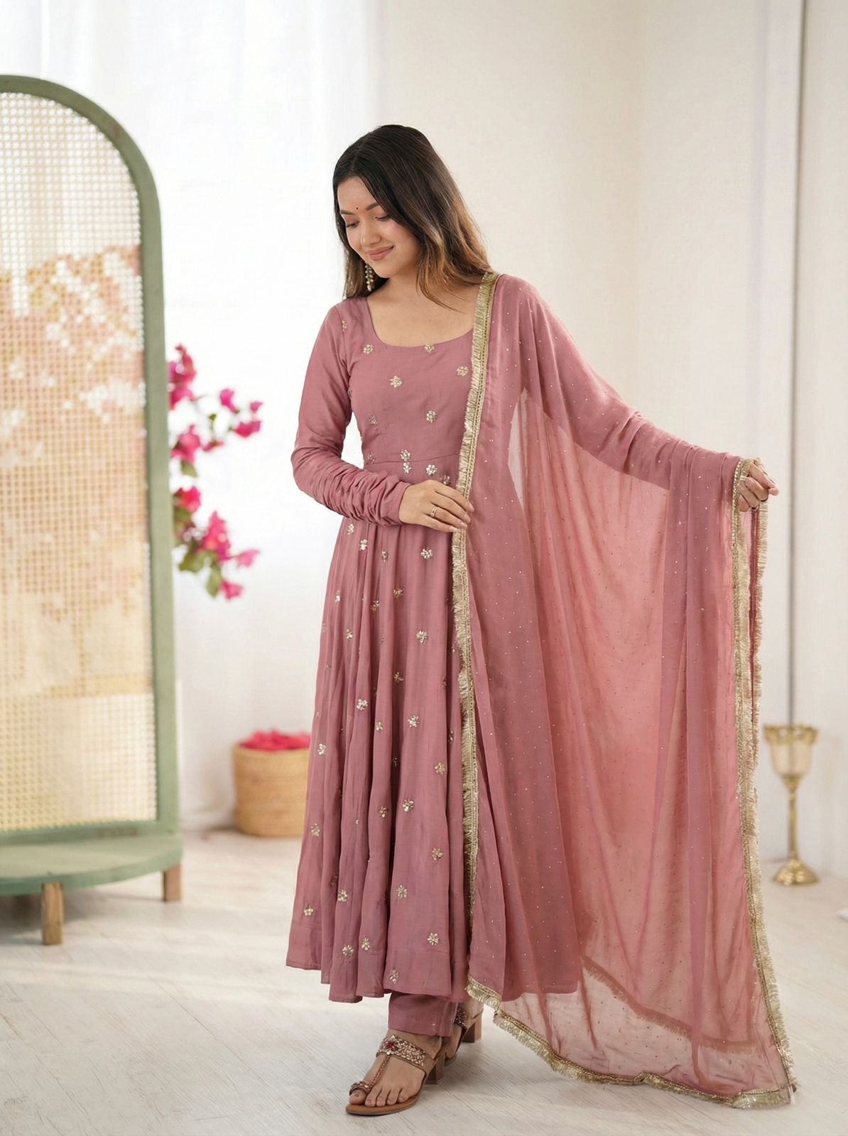 Dust Pink Roman Silk With Embroidery Work Suit Set