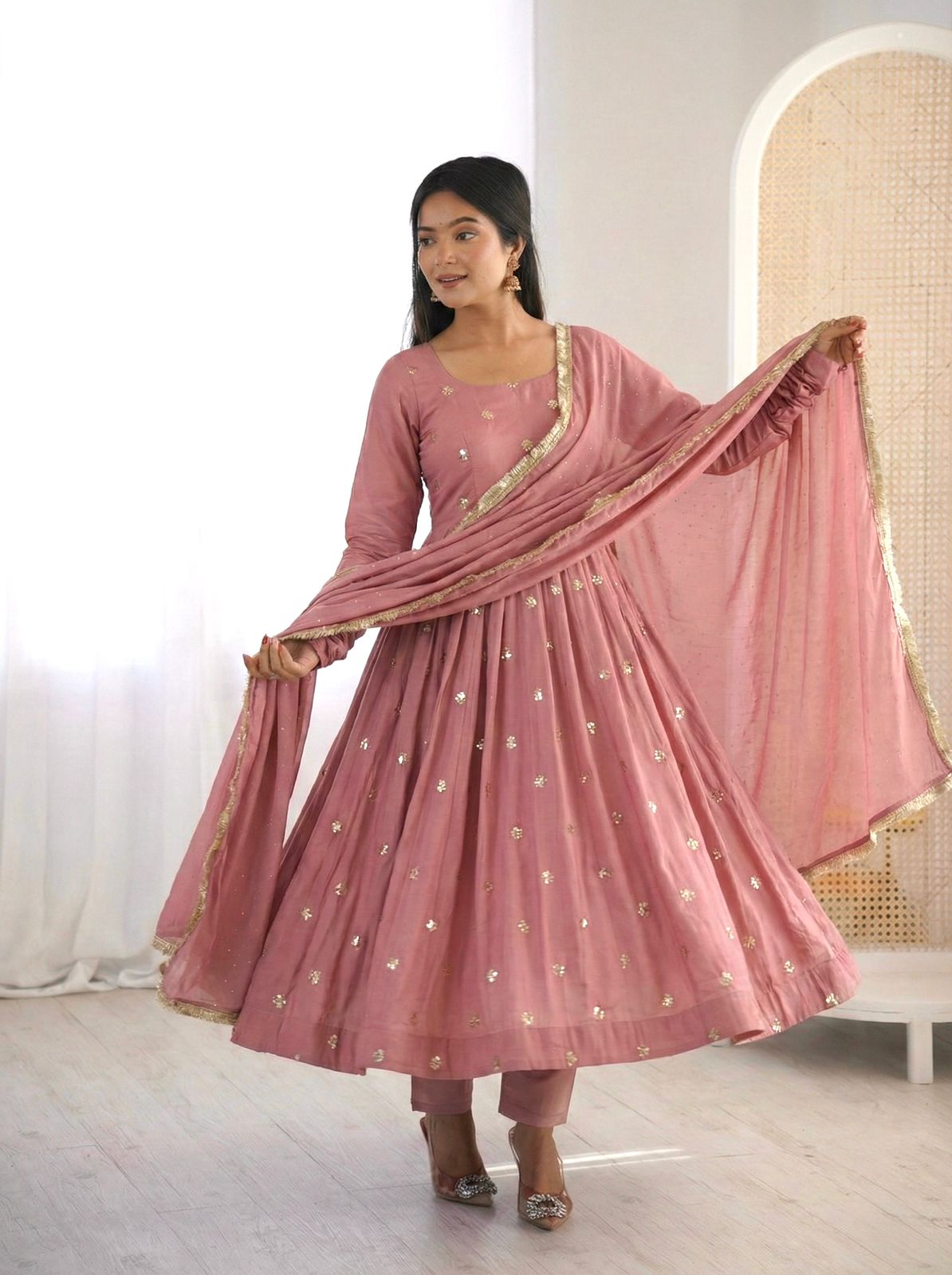Dust Pink Roman Silk With Embroidery Work Suit Set