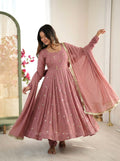 Dust Pink Roman Silk With Embroidery Work Suit Set