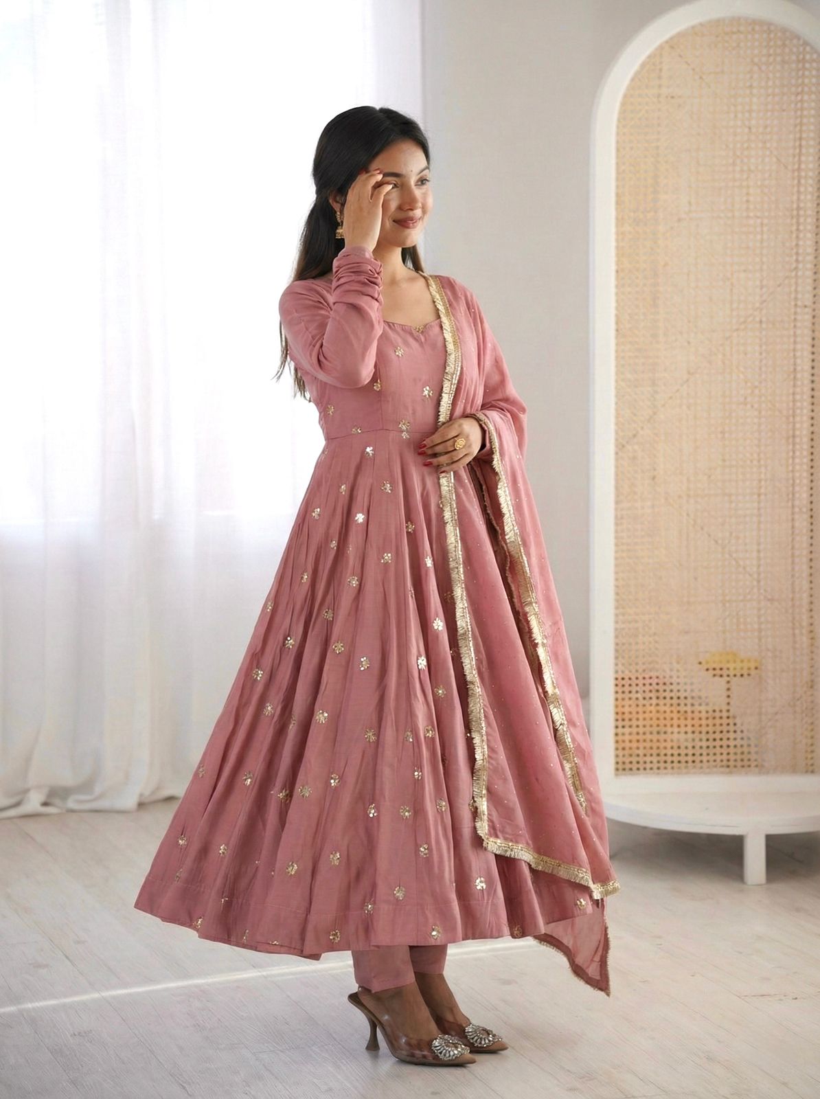 Dust Pink Roman Silk With Embroidery Work Suit Set