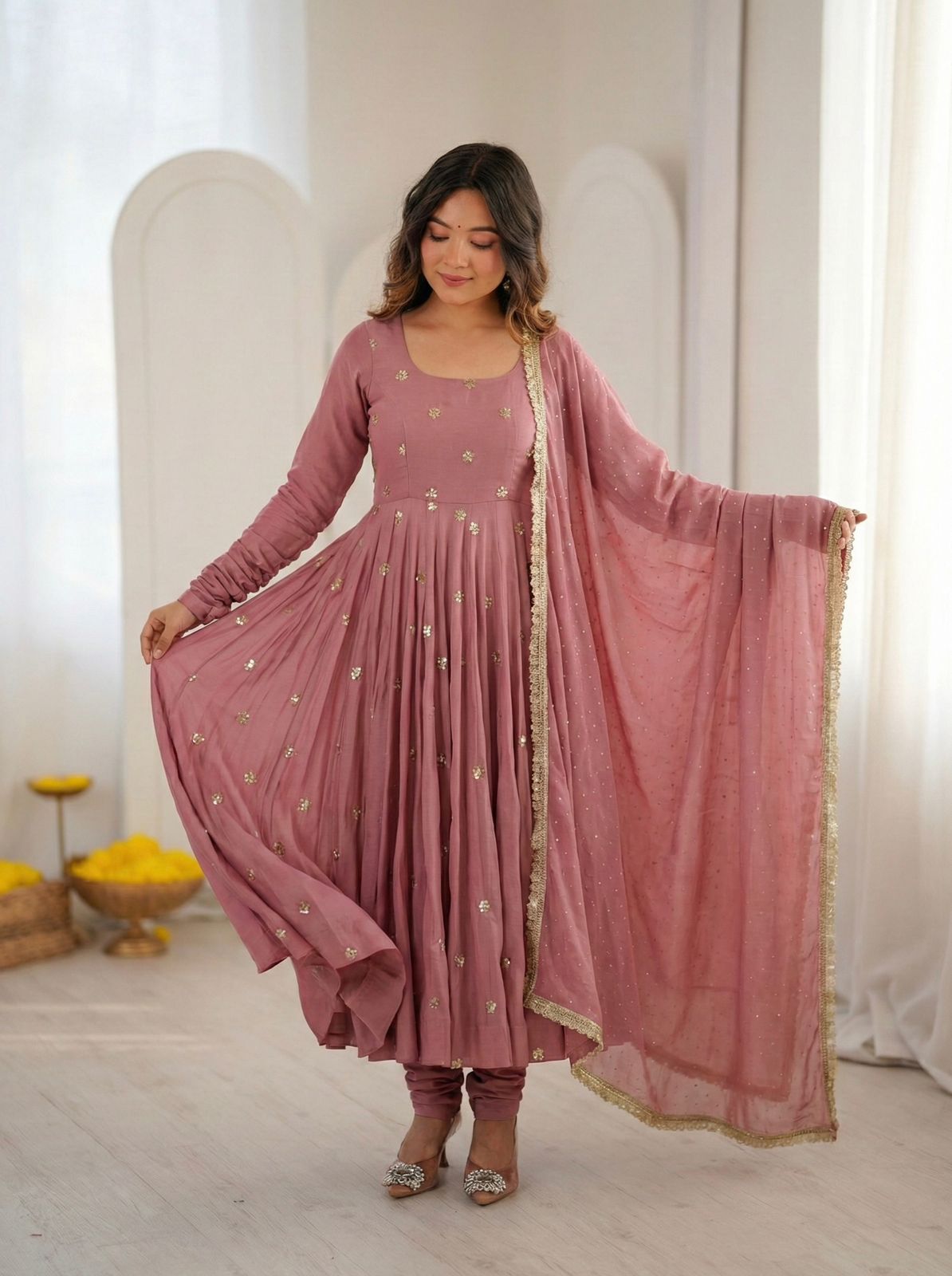 Dust Pink Roman Silk With Embroidery Work Suit Set