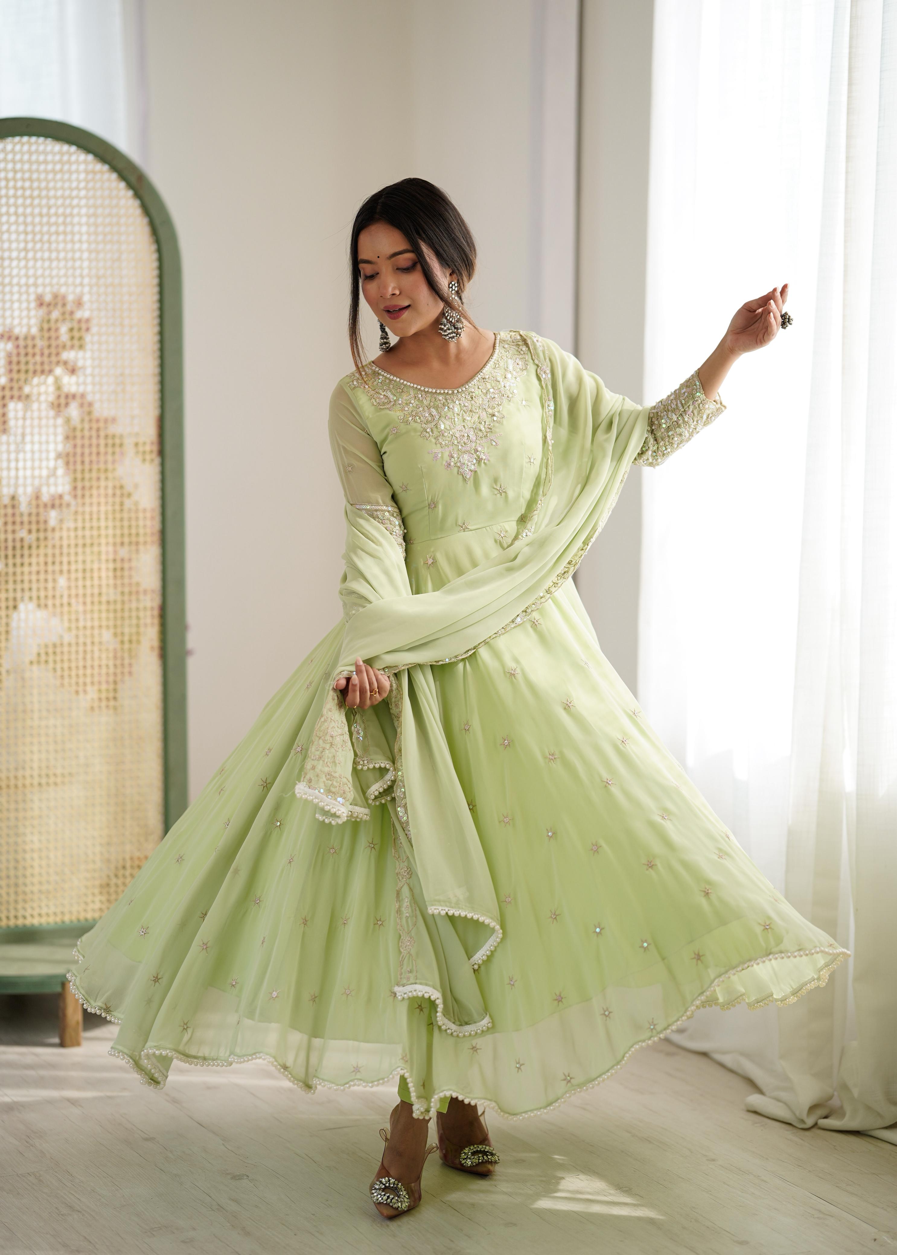 Pastel Green Heavy Embroidery Rainbow Sequence with Moti Work Suit Set