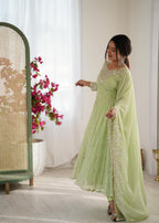 Pastel Green Heavy Embroidery Rainbow Sequence with Moti Work Suit Set