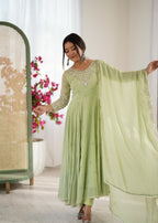 Pastel Green Heavy Embroidery Rainbow Sequence with Moti Work Suit Set