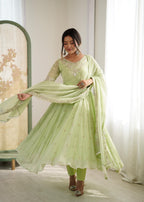 Pastel Green Heavy Embroidery Rainbow Sequence with Moti Work Suit Set