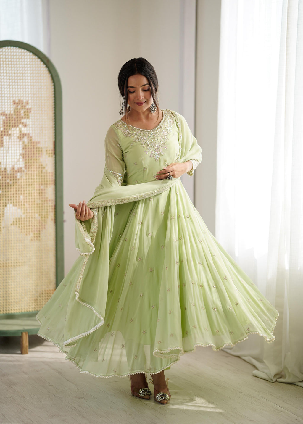 Pastel Green Heavy Embroidery Rainbow Sequence with Moti Work Suit Set