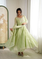 Pastel Green Heavy Embroidery Rainbow Sequence with Moti Work Suit Set