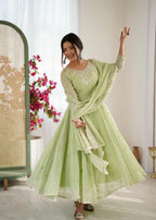Pastel Green Heavy Embroidery Rainbow Sequence with Moti Work Suit Set