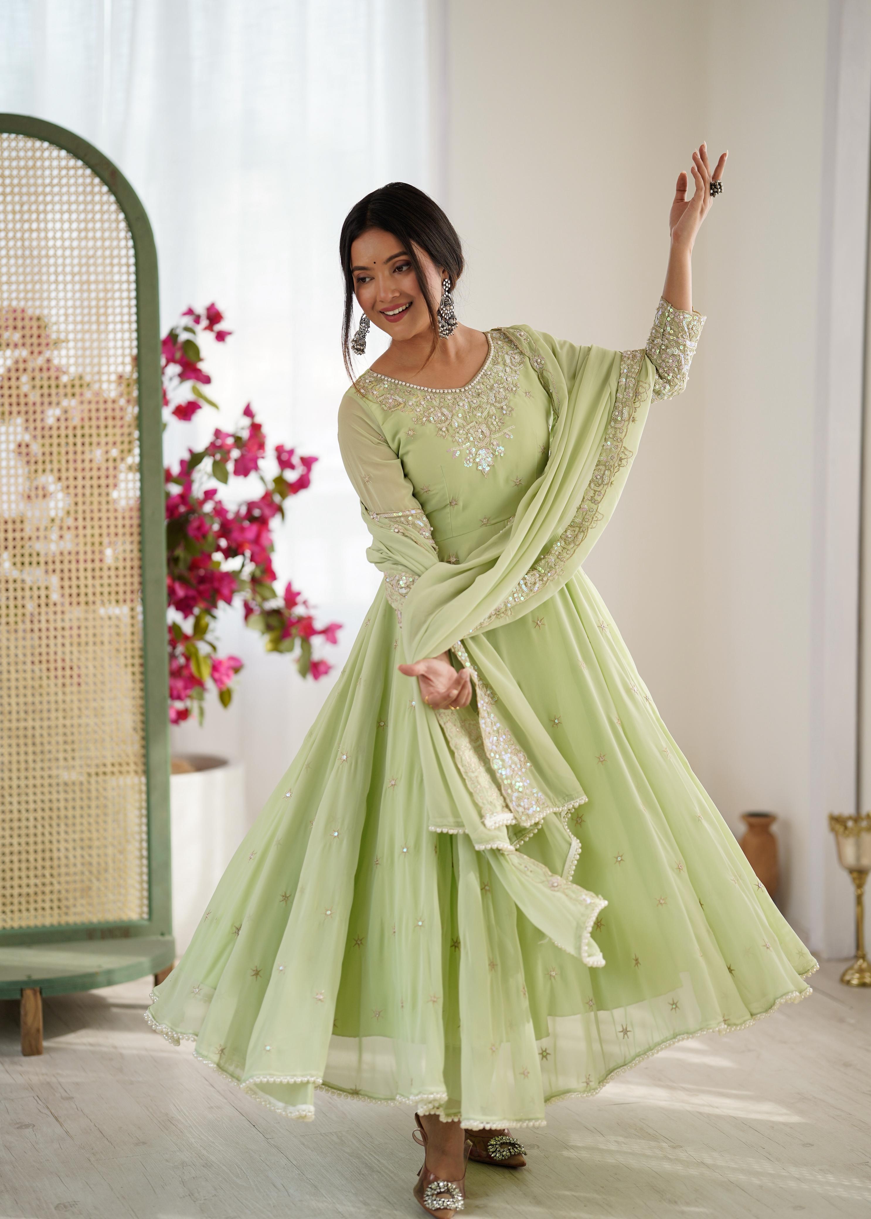 Pastel Green Heavy Embroidery Rainbow Sequence with Moti Work Suit Set