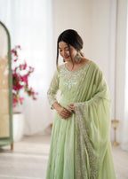 Pastel Green Heavy Embroidery Rainbow Sequence with Moti Work Suit Set