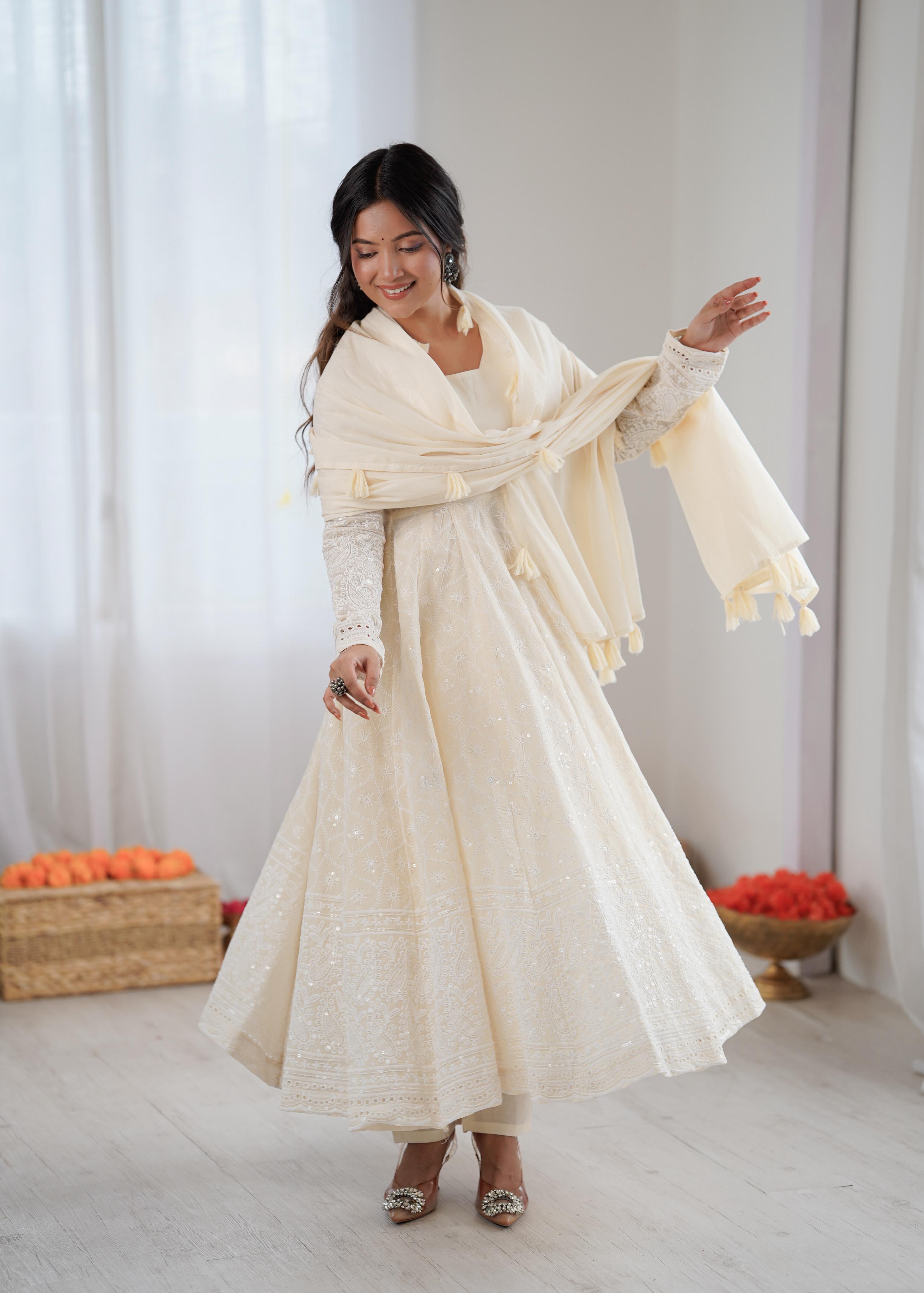 White Kora Cotton schiffli work Suit Set