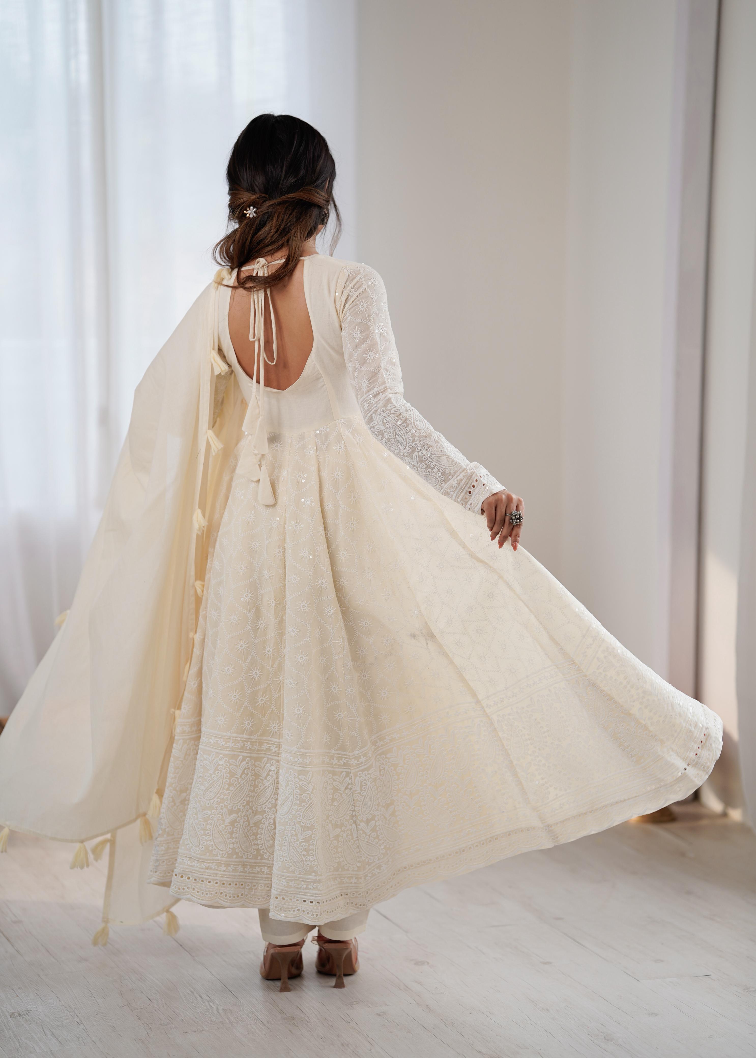 White Kora Cotton schiffli work Suit Set