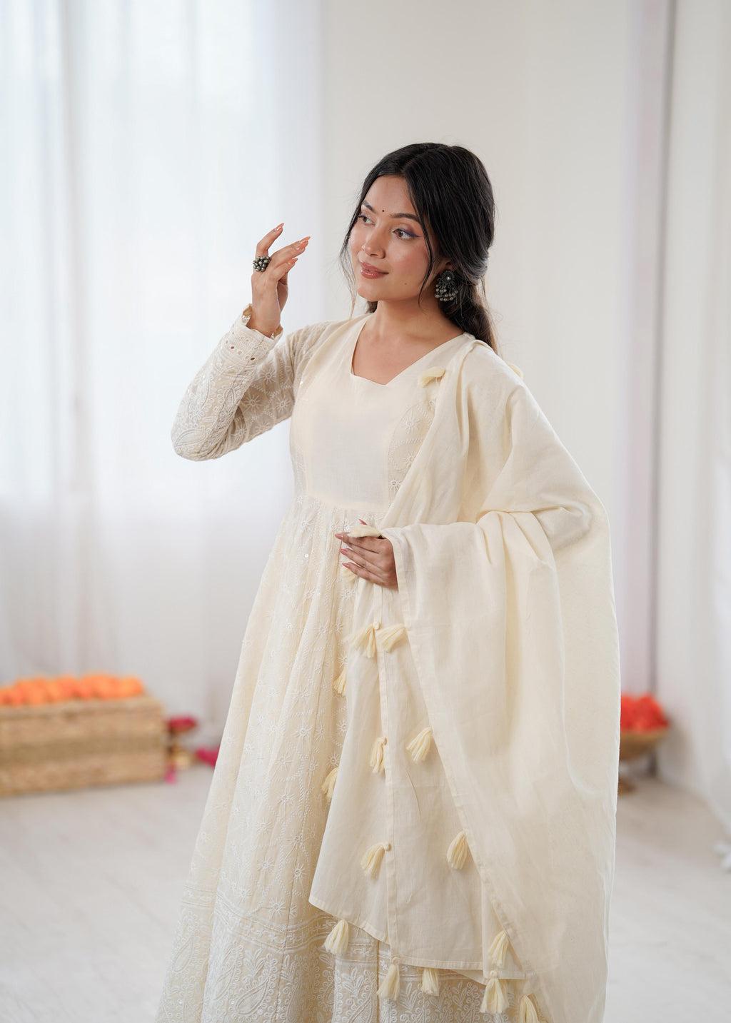 White Kora Cotton schiffli work Suit Set