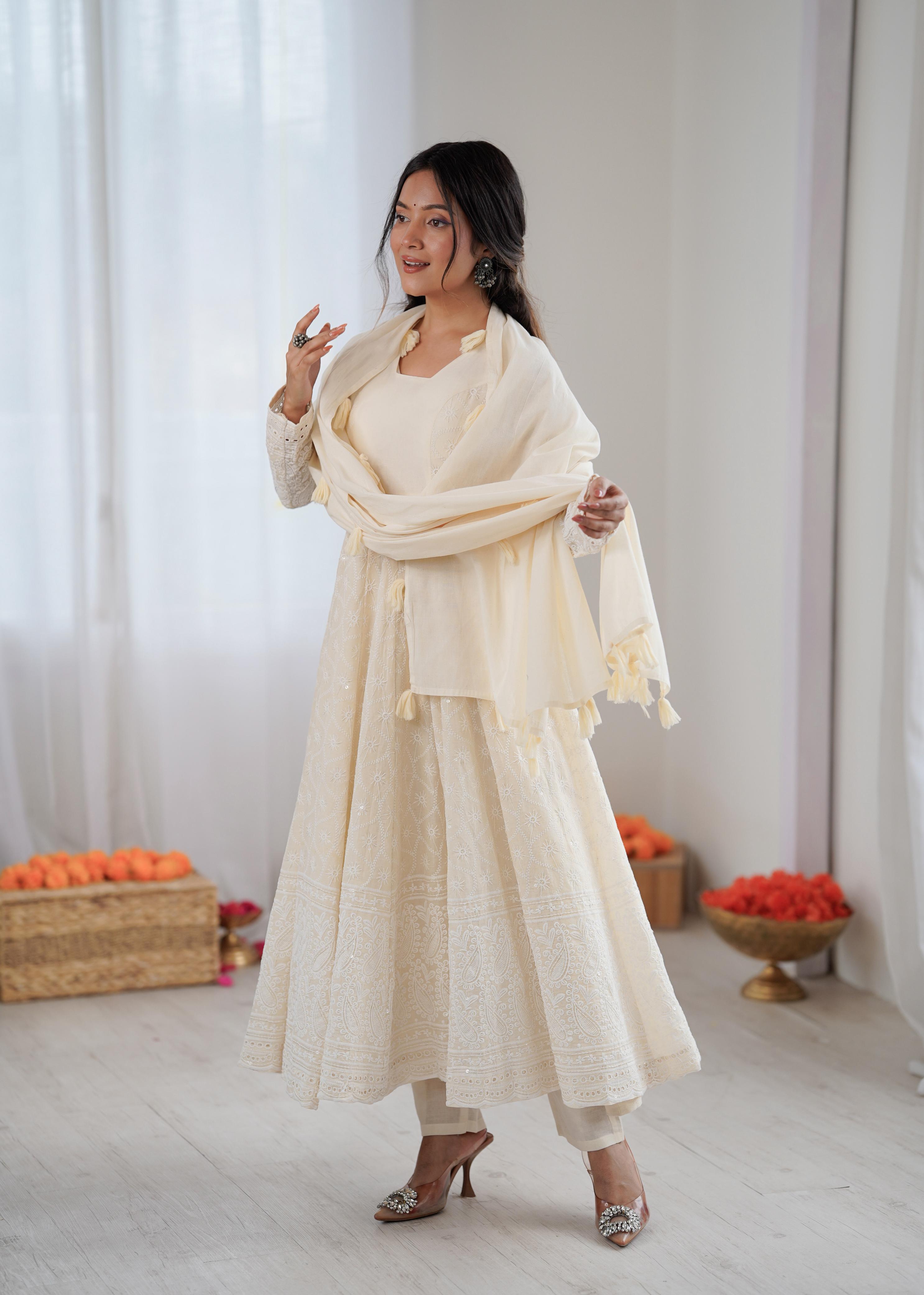 White Kora Cotton schiffli work Suit Set