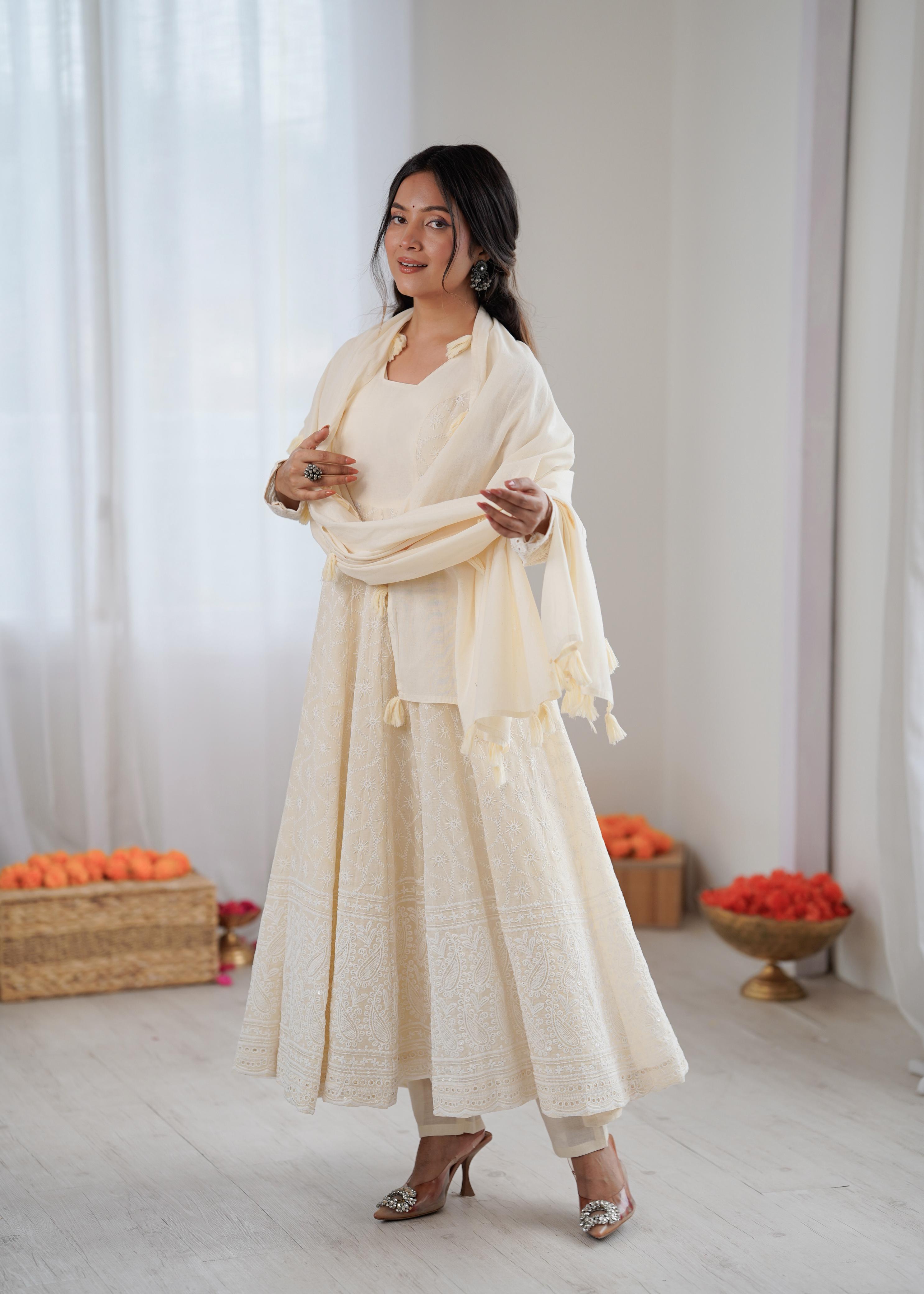 White Kora Cotton schiffli work Suit Set