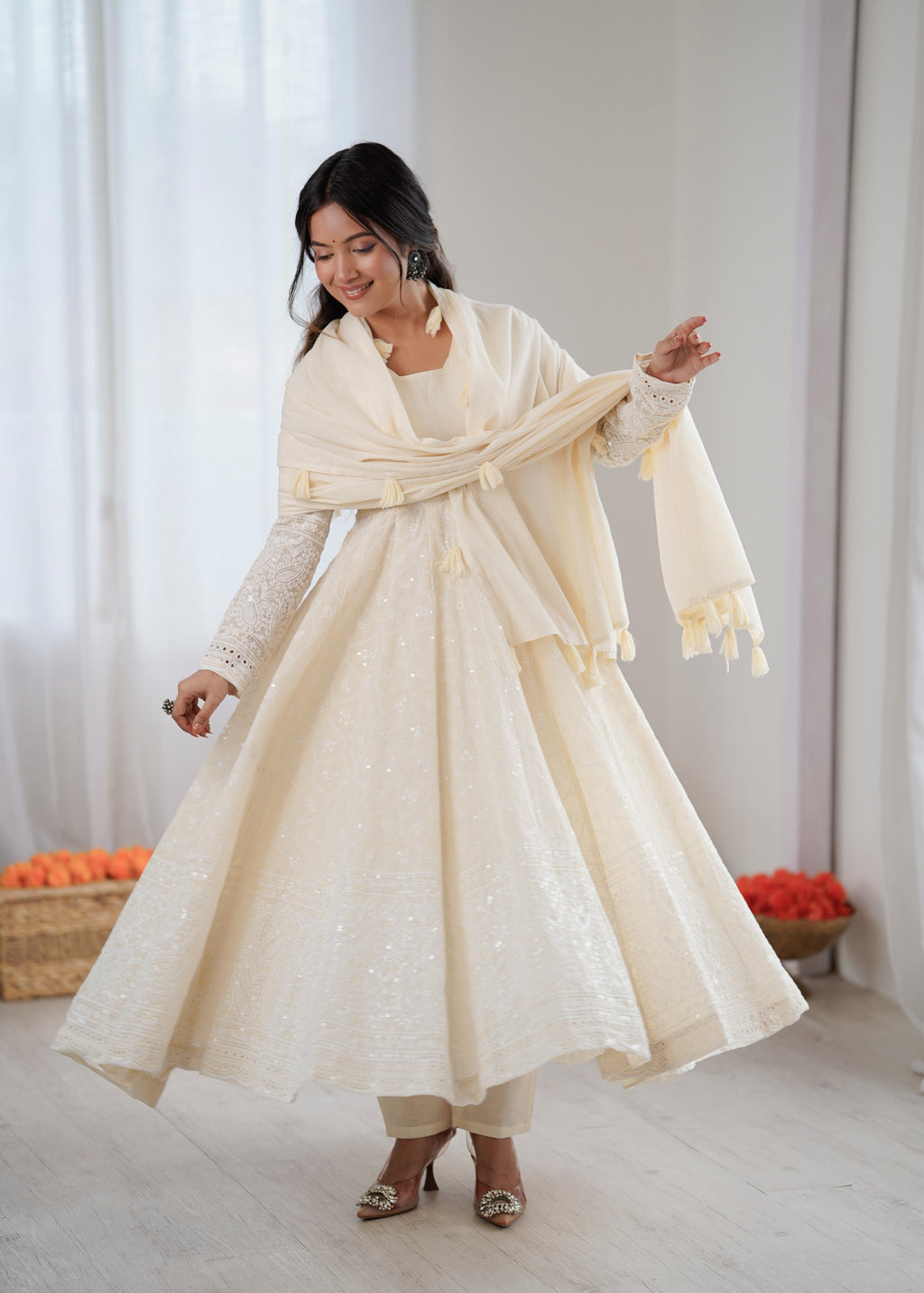 White Kora Cotton schiffli work Suit Set