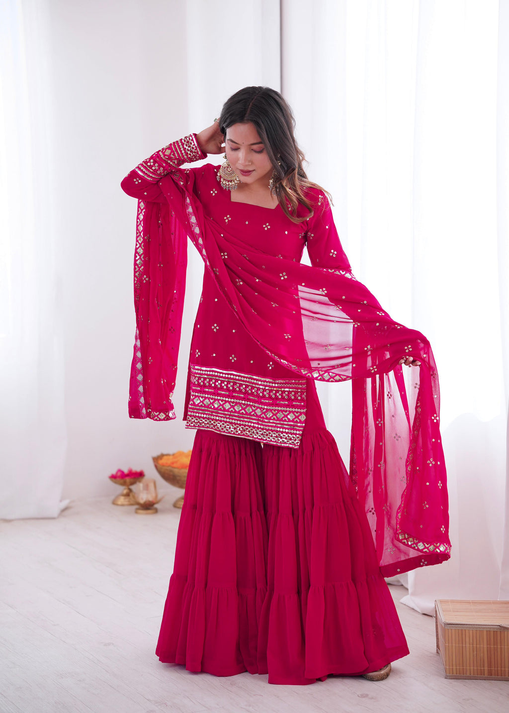 Pink Georgette With Embroidery Sequence Sharara Set