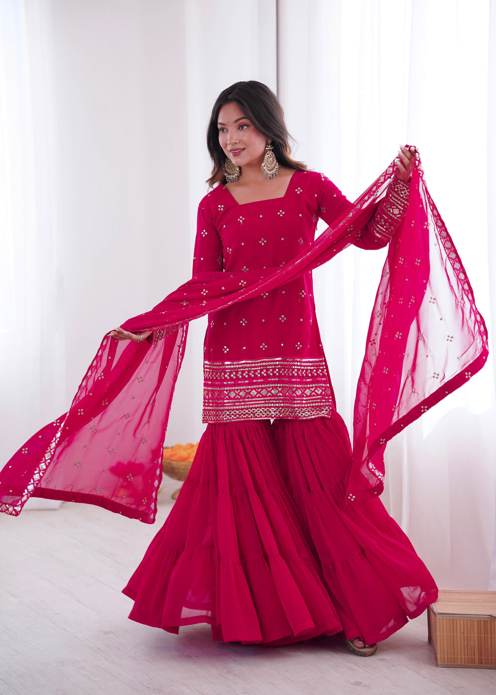 Pink Georgette With Embroidery Sequence Sharara Set