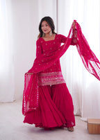 Pink Georgette With Embroidery Sequence Sharara Set