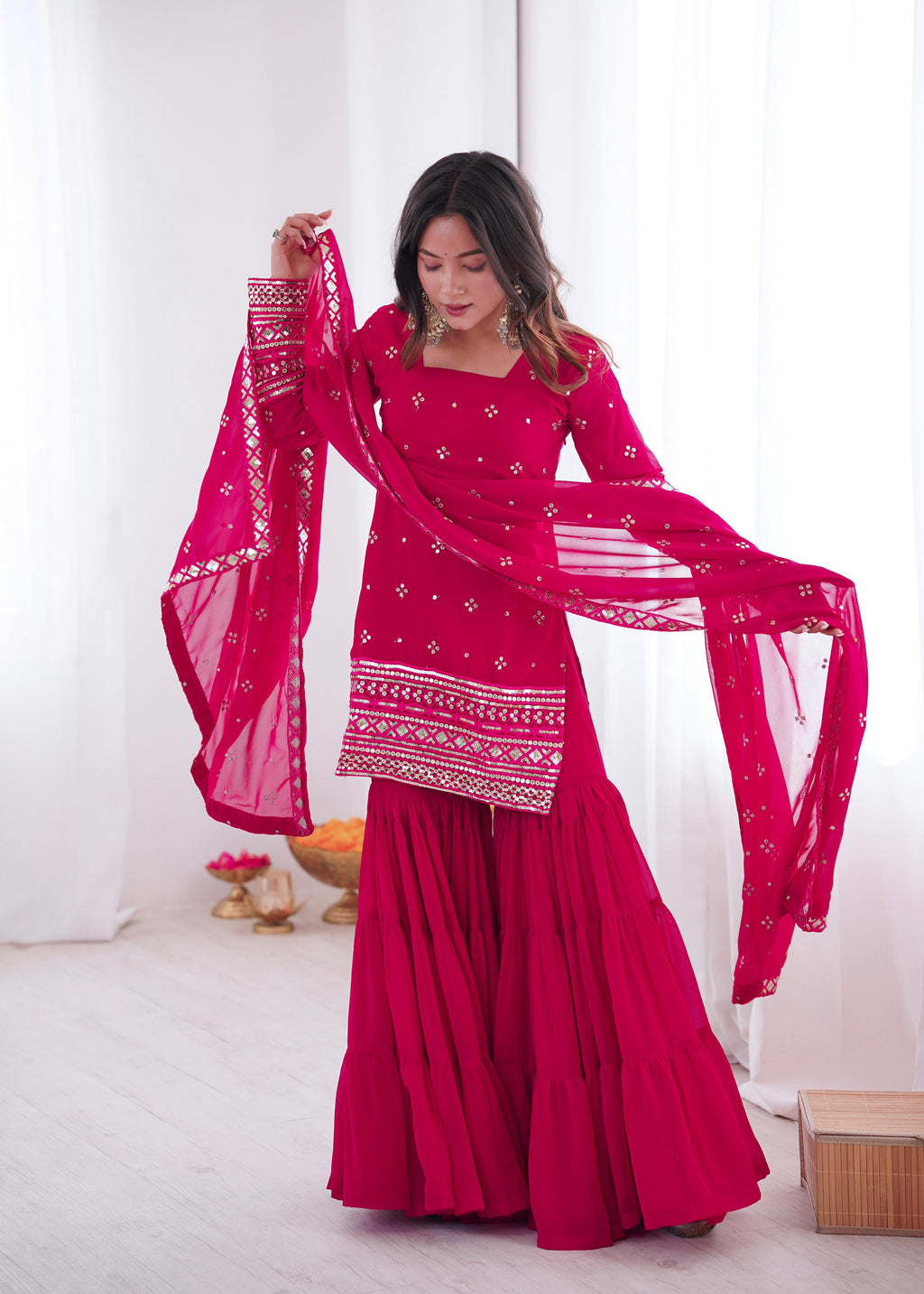 Pink Georgette With Embroidery Sequence Sharara Set