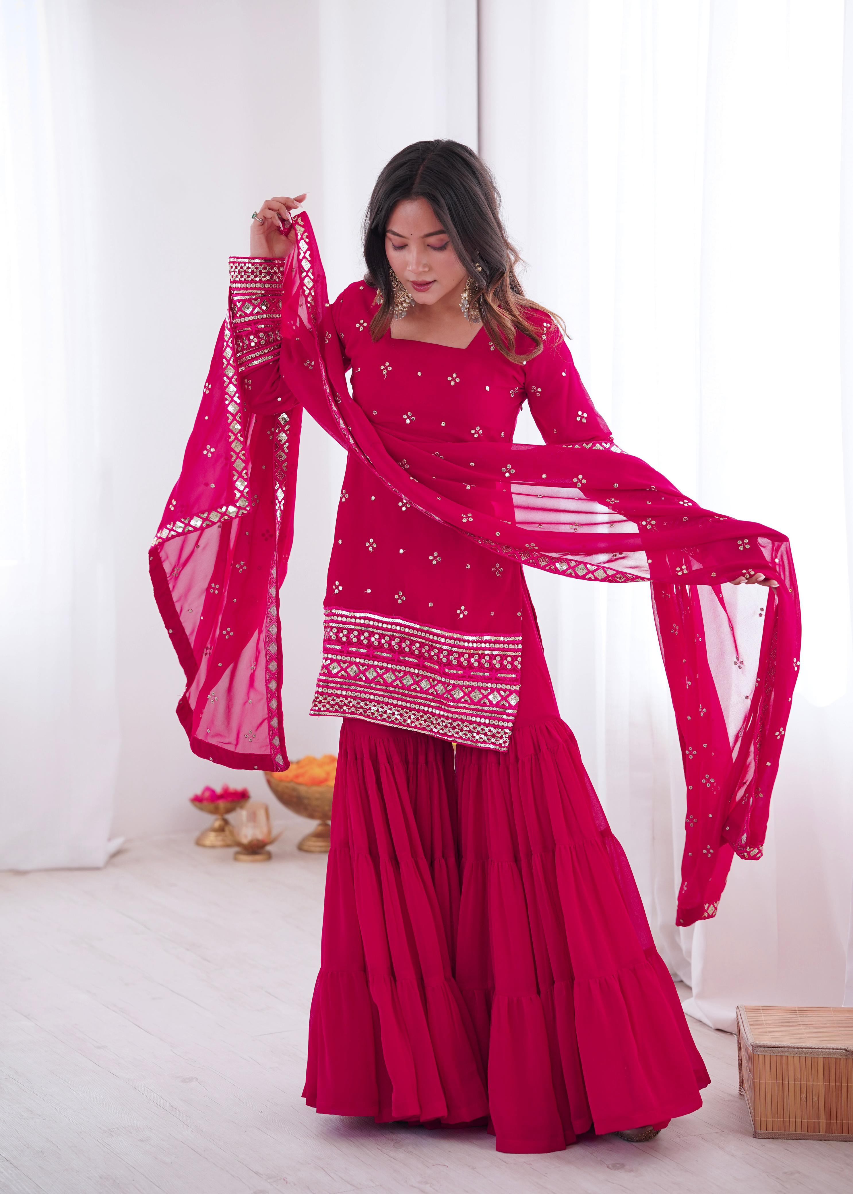 Pink Georgette With Embroidery Sequence Sharara Set