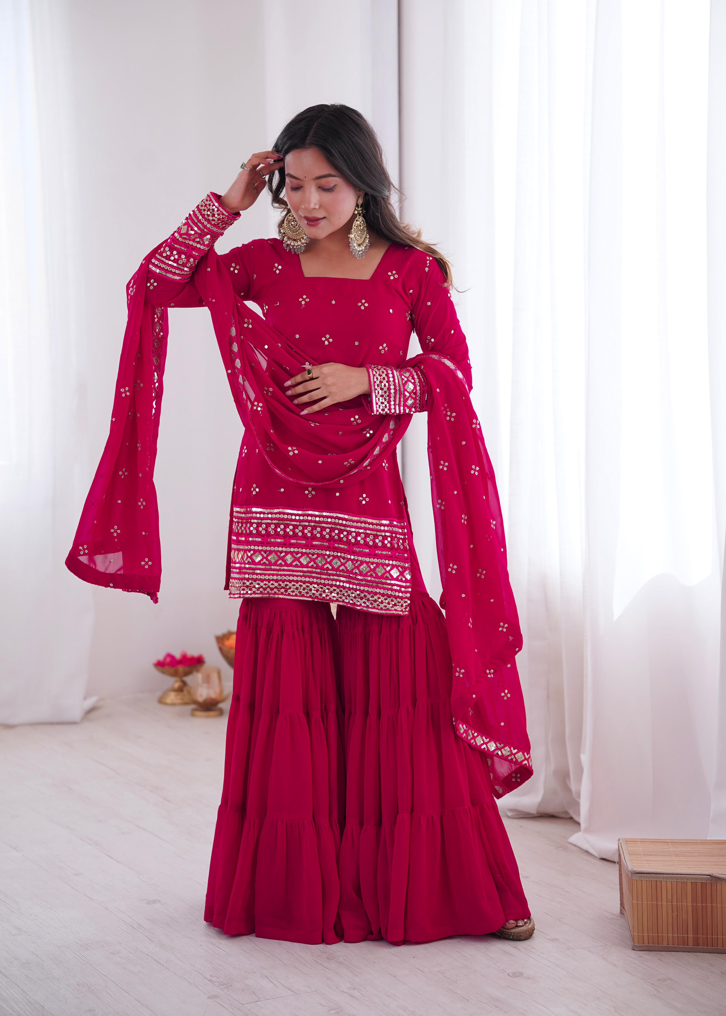 Pink Georgette With Embroidery Sequence Sharara Set