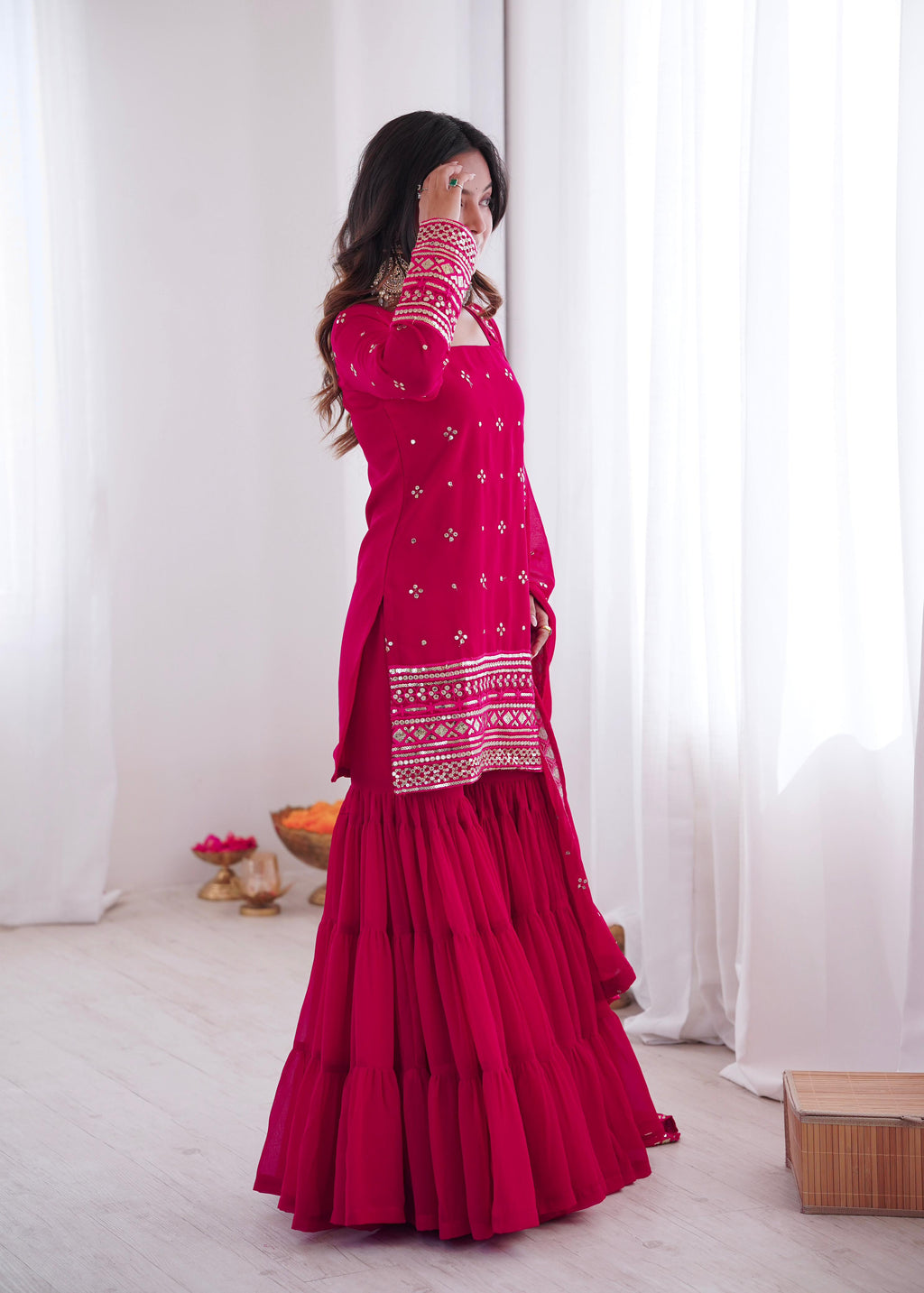 Pink Georgette With Embroidery Sequence Sharara Set