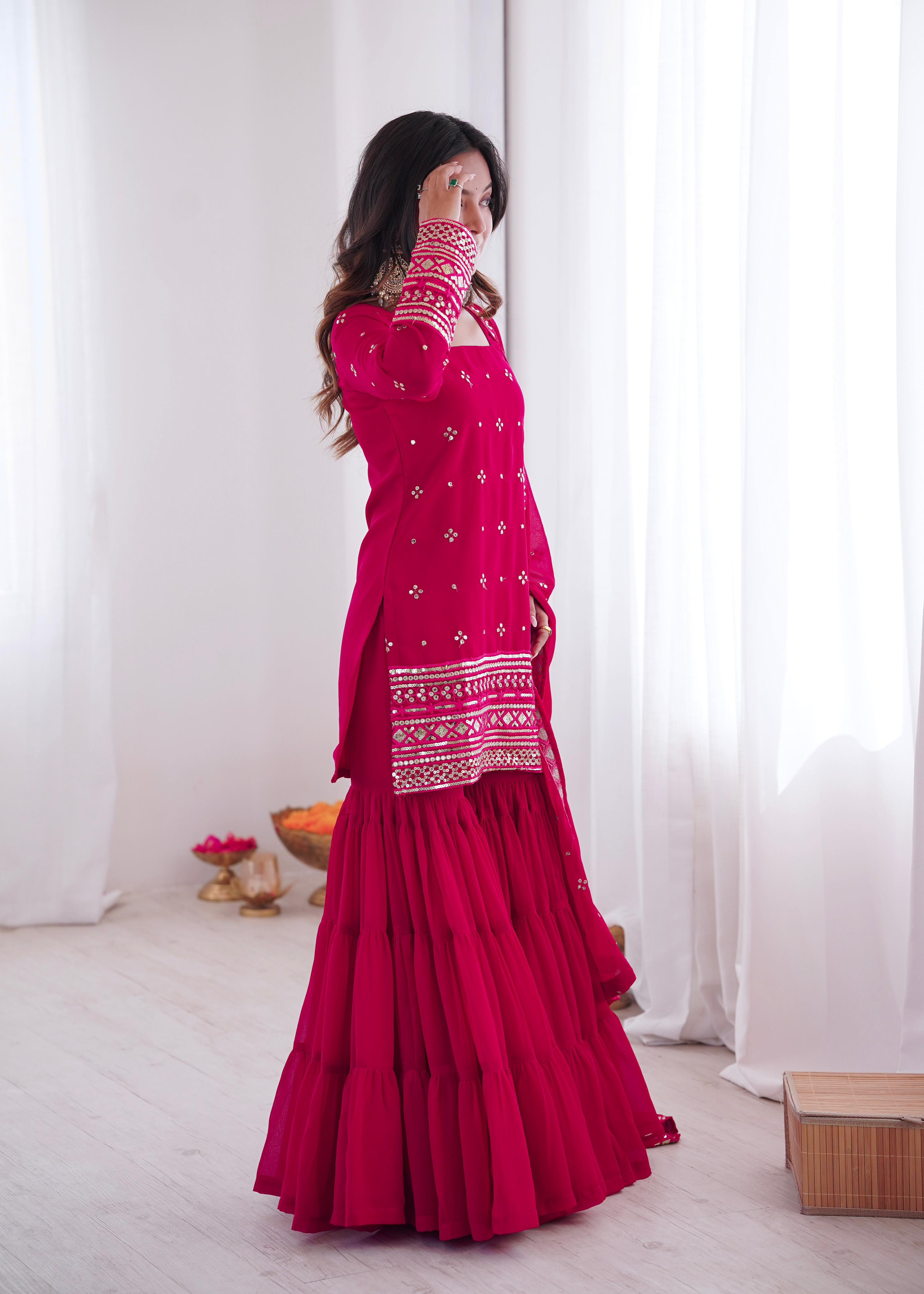 Pink Georgette With Embroidery Sequence Sharara Set