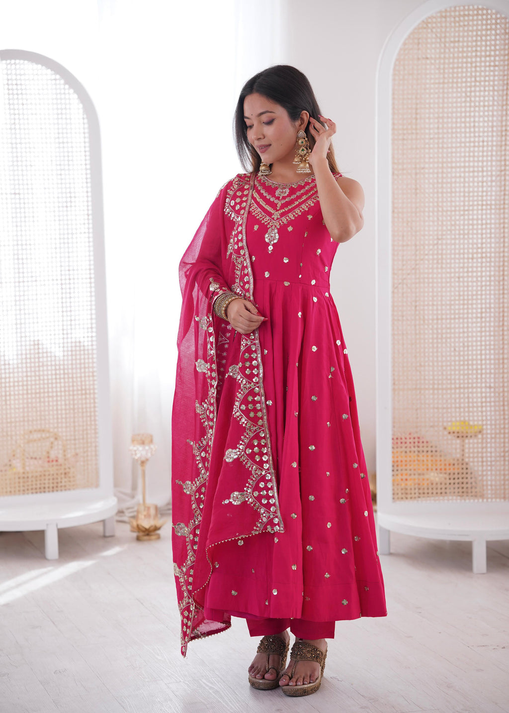 Pink Roman Embroidery Work Suit Set