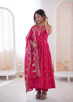 Pink Roman Embroidery Work Suit Set