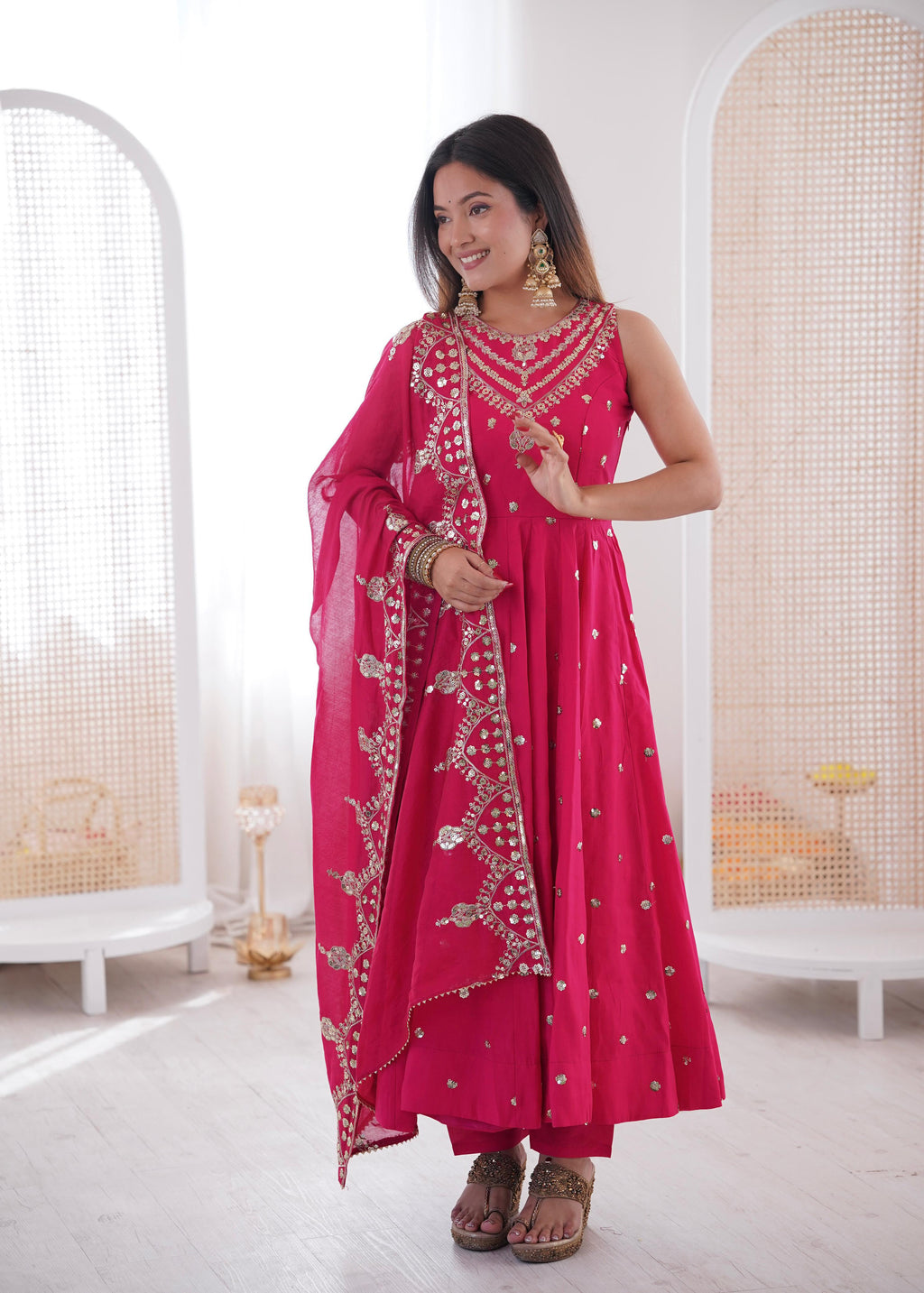 Pink Roman Embroidery Work Suit Set