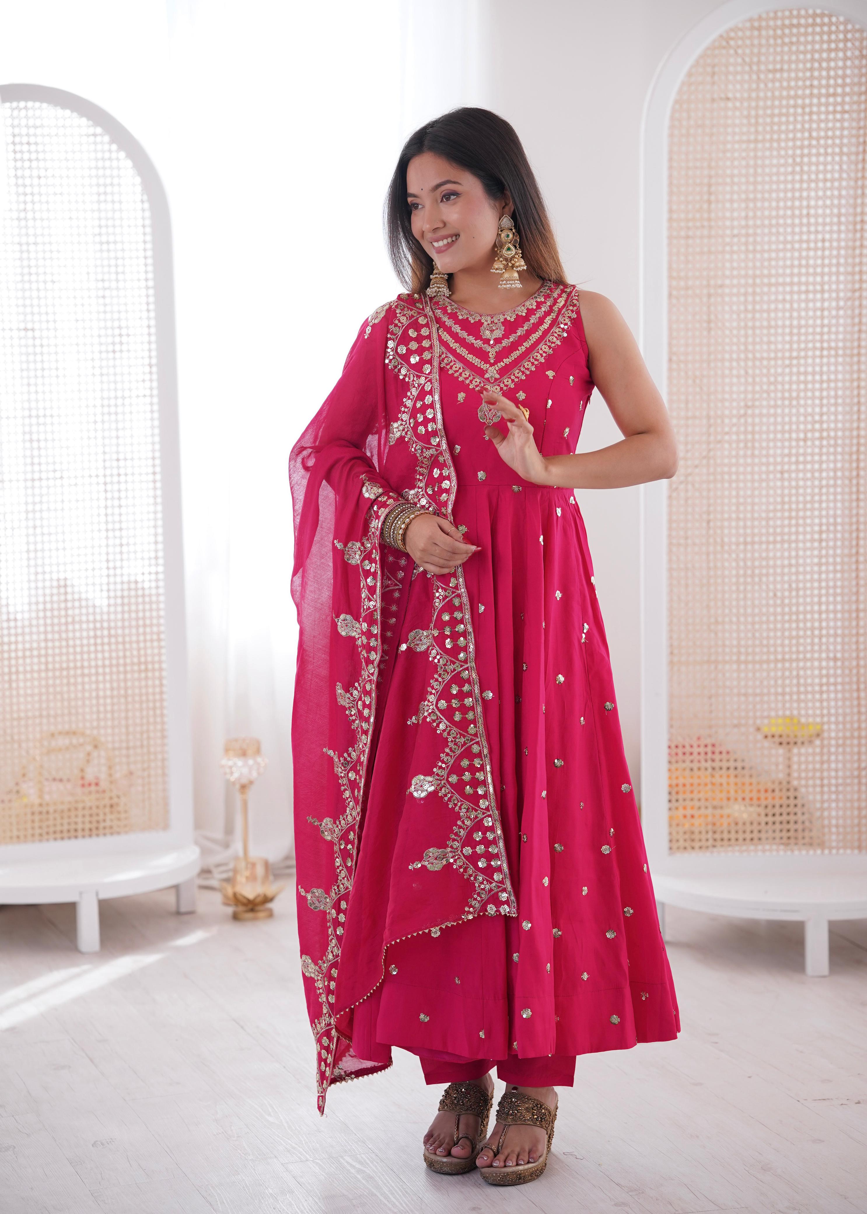 Pink Roman Embroidery Work Suit Set