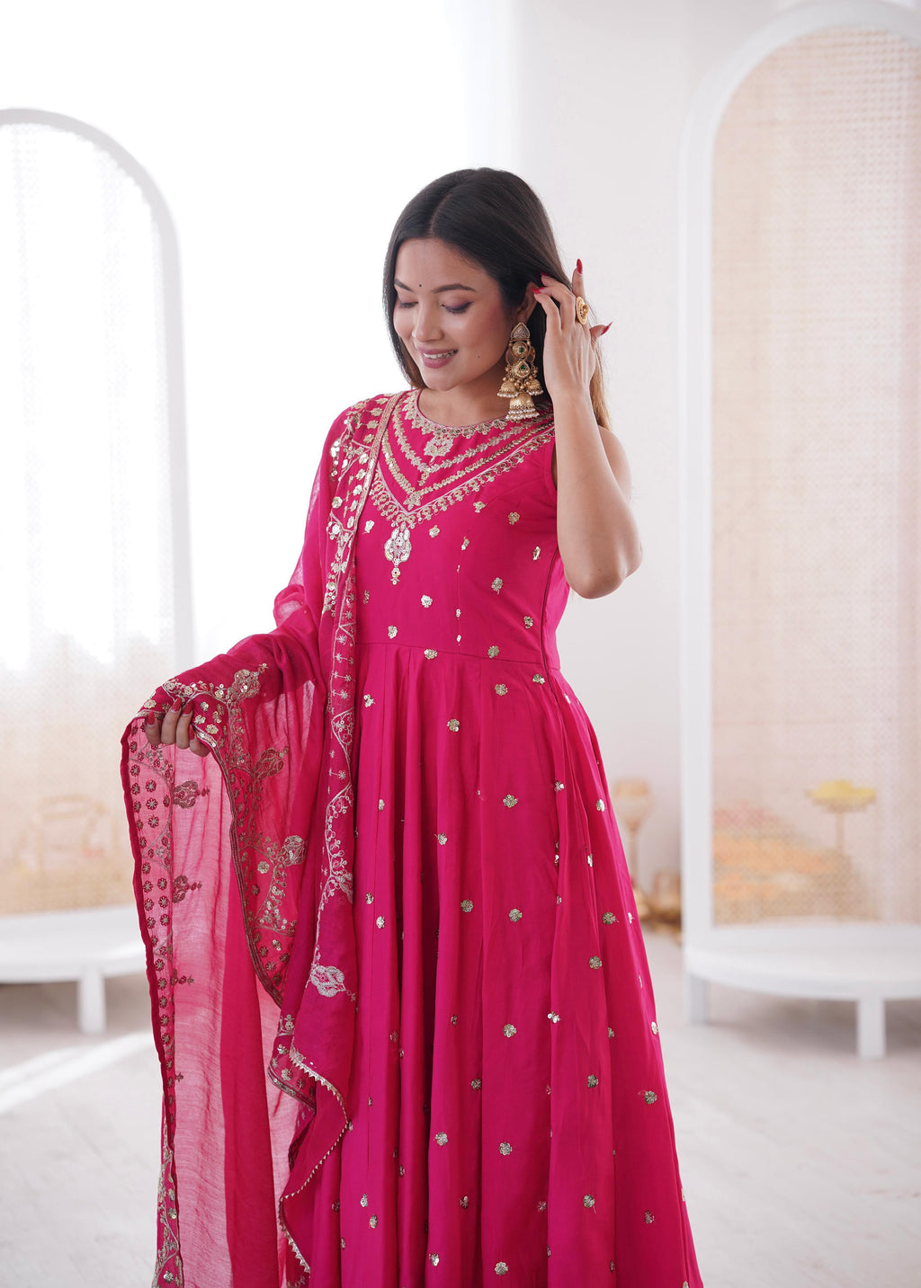 Pink Roman Embroidery Work Suit Set