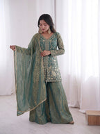 Sky Heavy Embroidery Sequence Sharara Suit