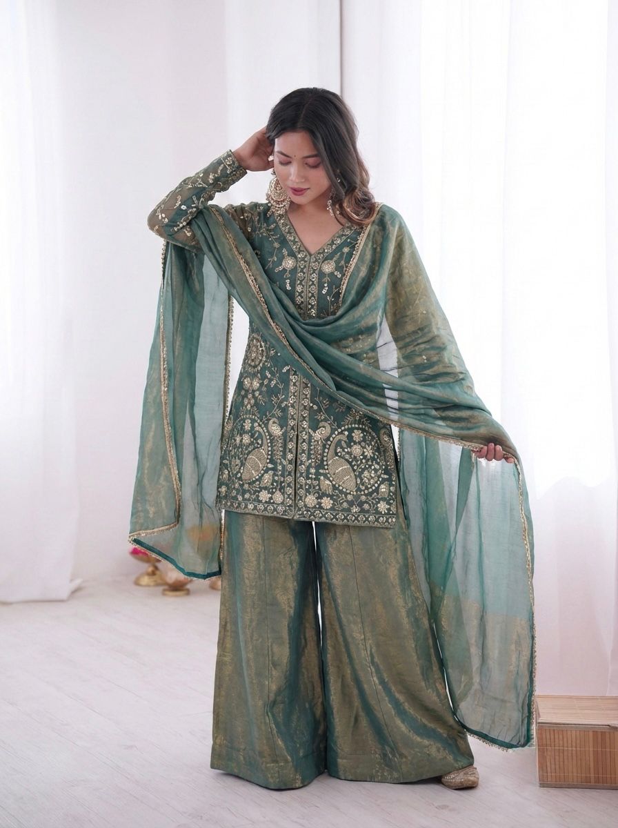 Sky Heavy Embroidery Sequence Sharara Suit