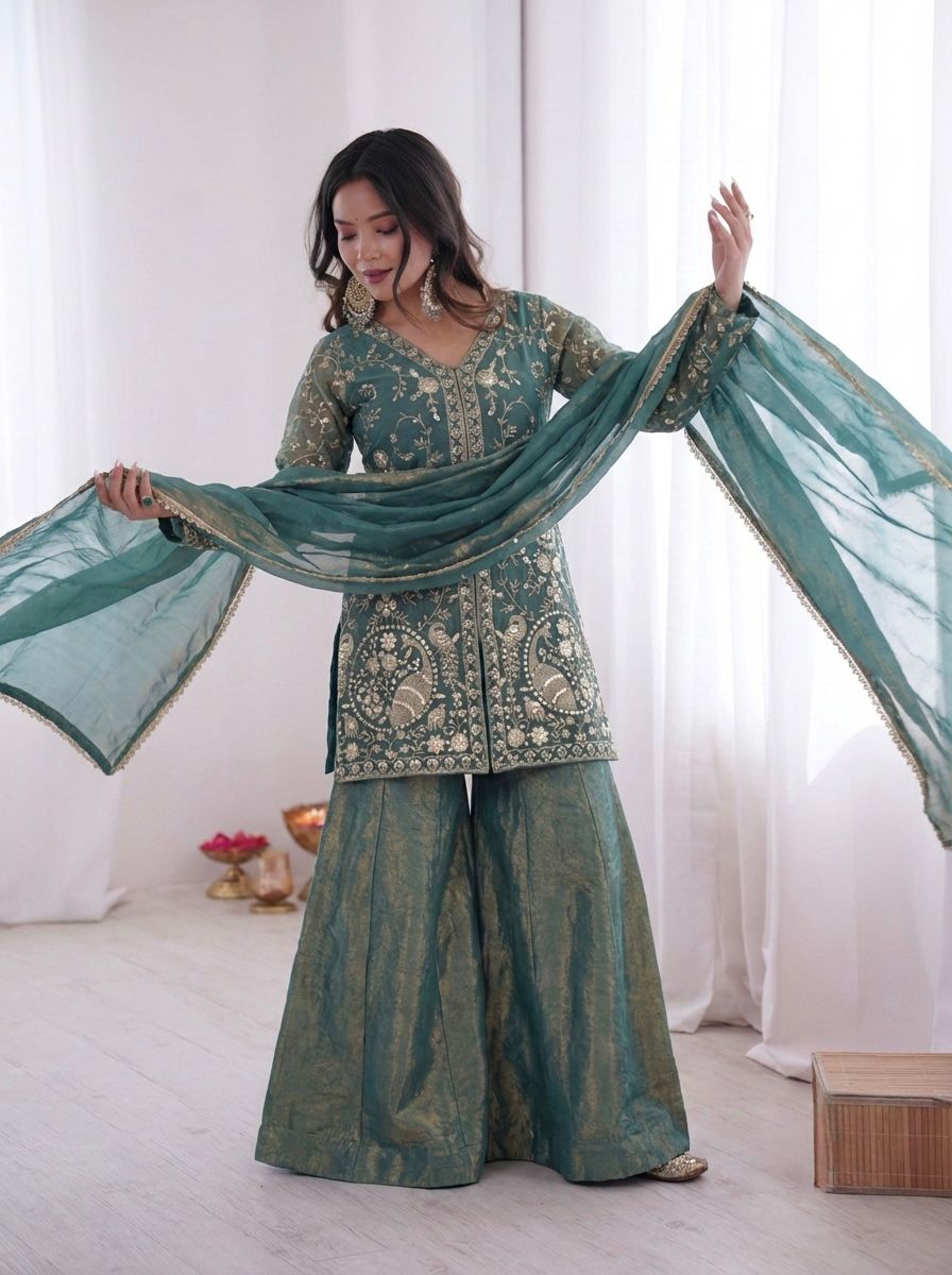 Sky Heavy Embroidery Sequence Sharara Suit