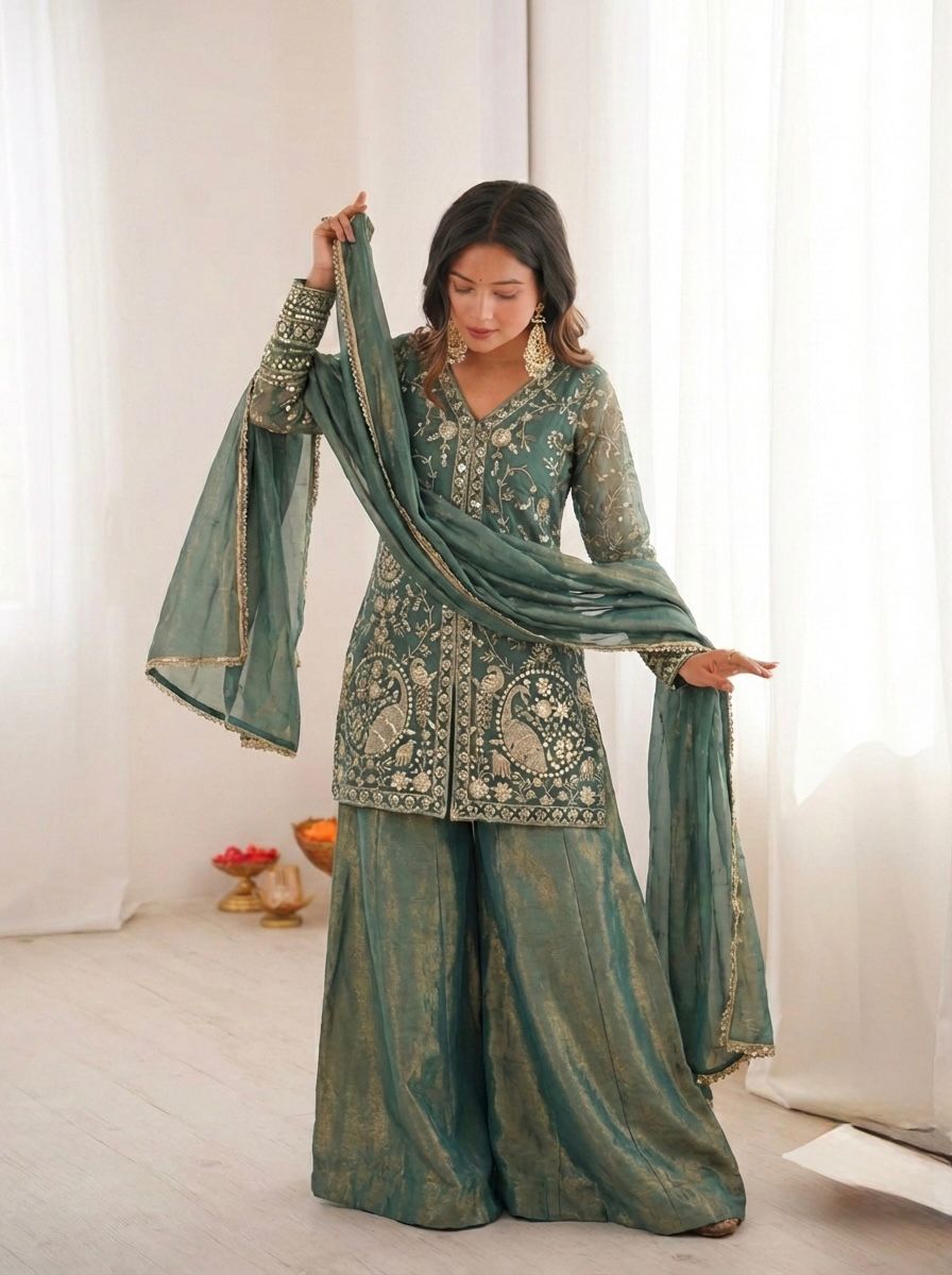 Sky Heavy Embroidery Sequence Sharara Suit