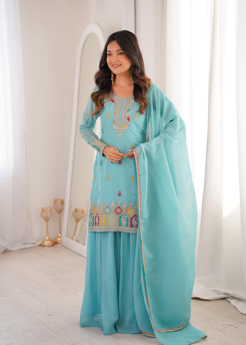 Sky Blue Embroidery Sharara Set