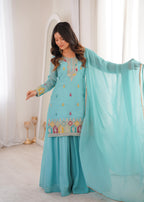 Sky Blue Embroidery Sharara Set