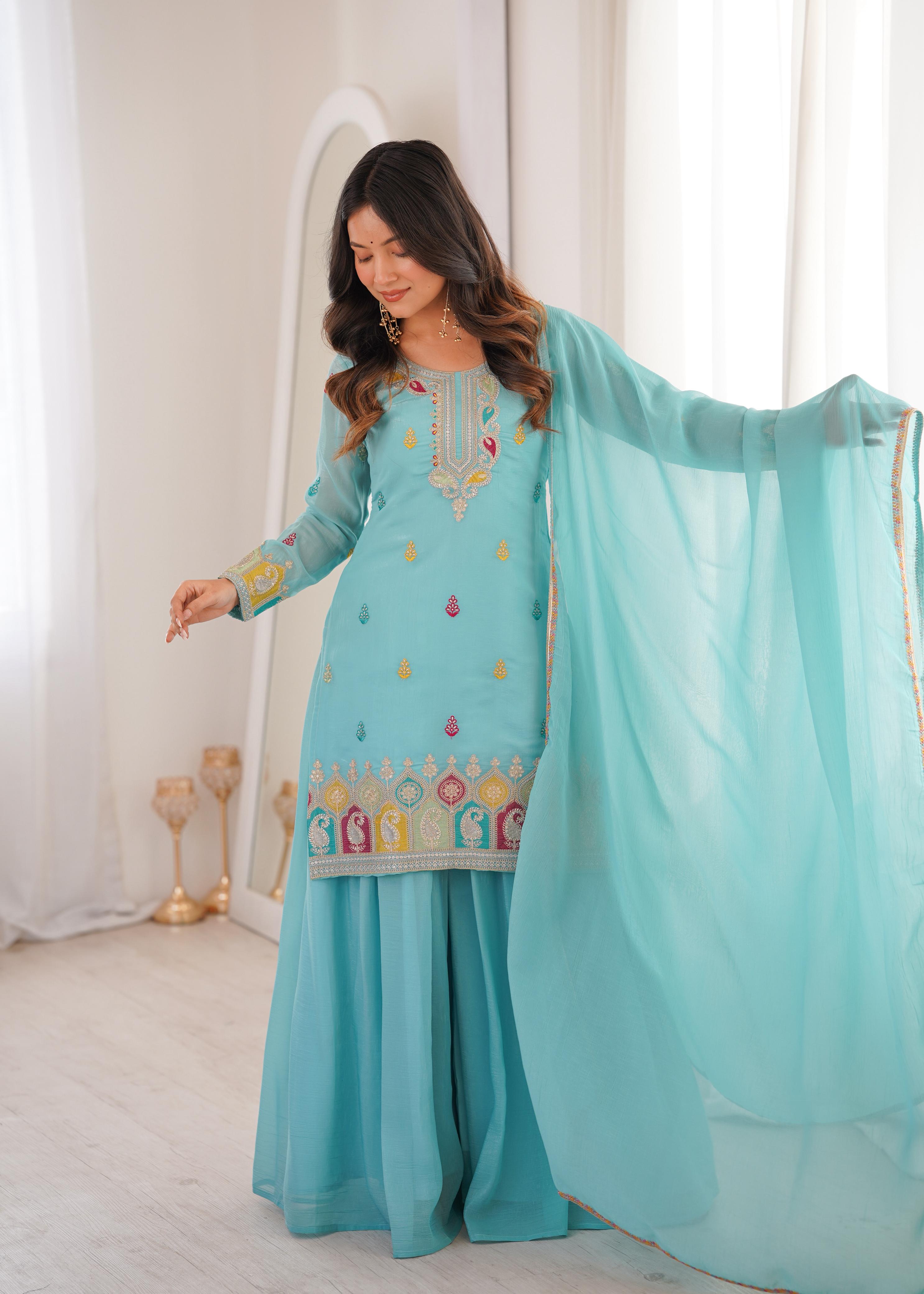 Sky Blue Embroidery Sharara Set