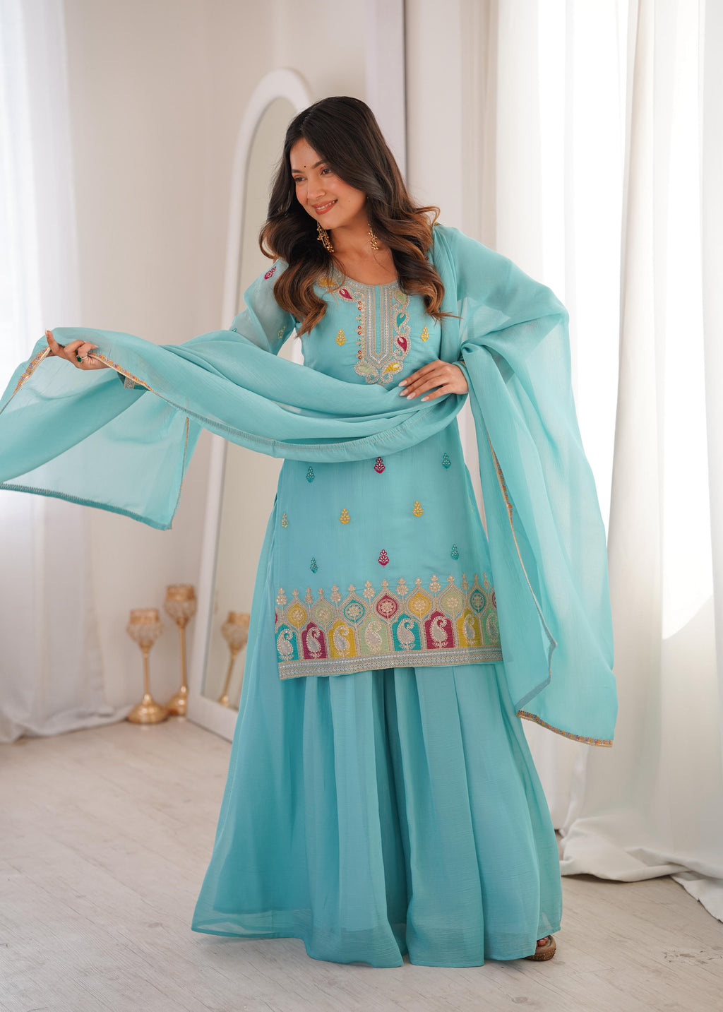 Sky Blue Embroidery Sharara Set