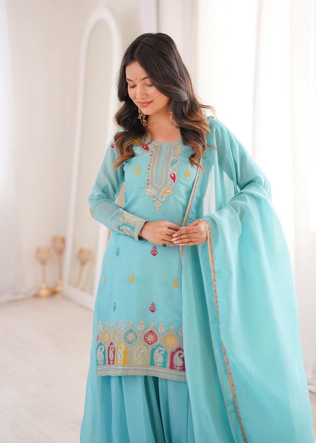 Sky Blue Embroidery Sharara Set