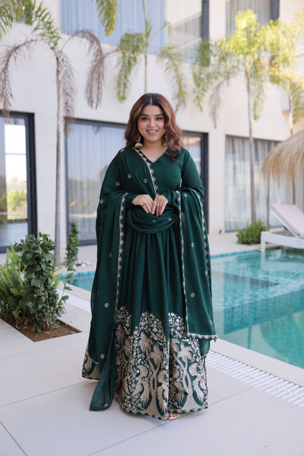 Dark Green Sequins Multi Embroidered work