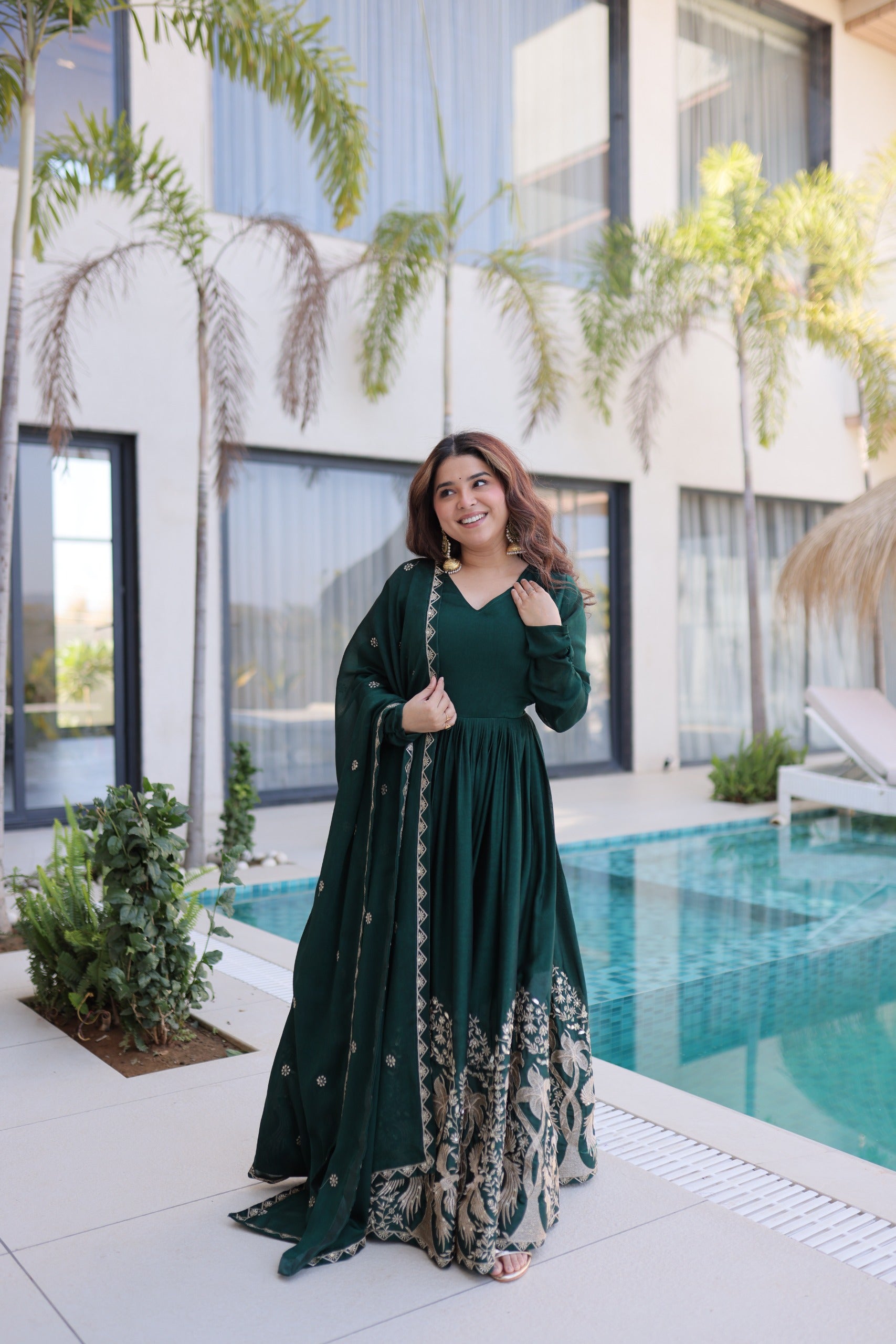 Dark Green Sequins Multi Embroidered work