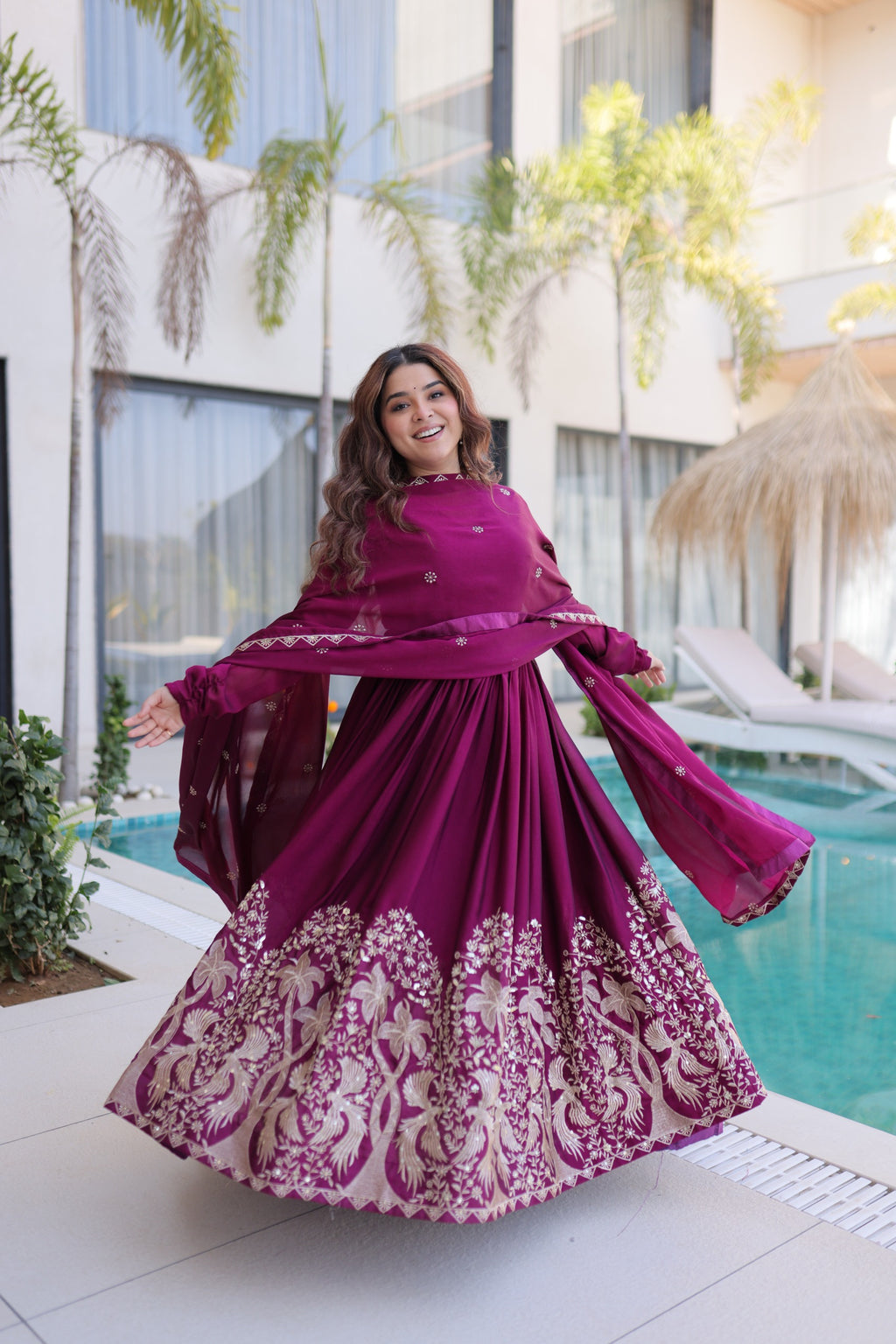 Wine Sequins Multi Embroidered work