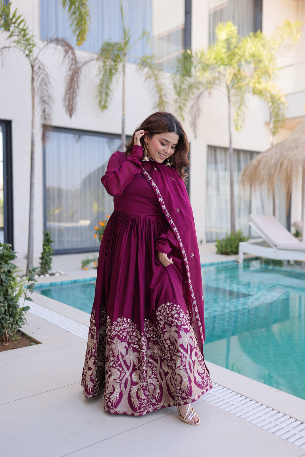 Wine Sequins Multi Embroidered work