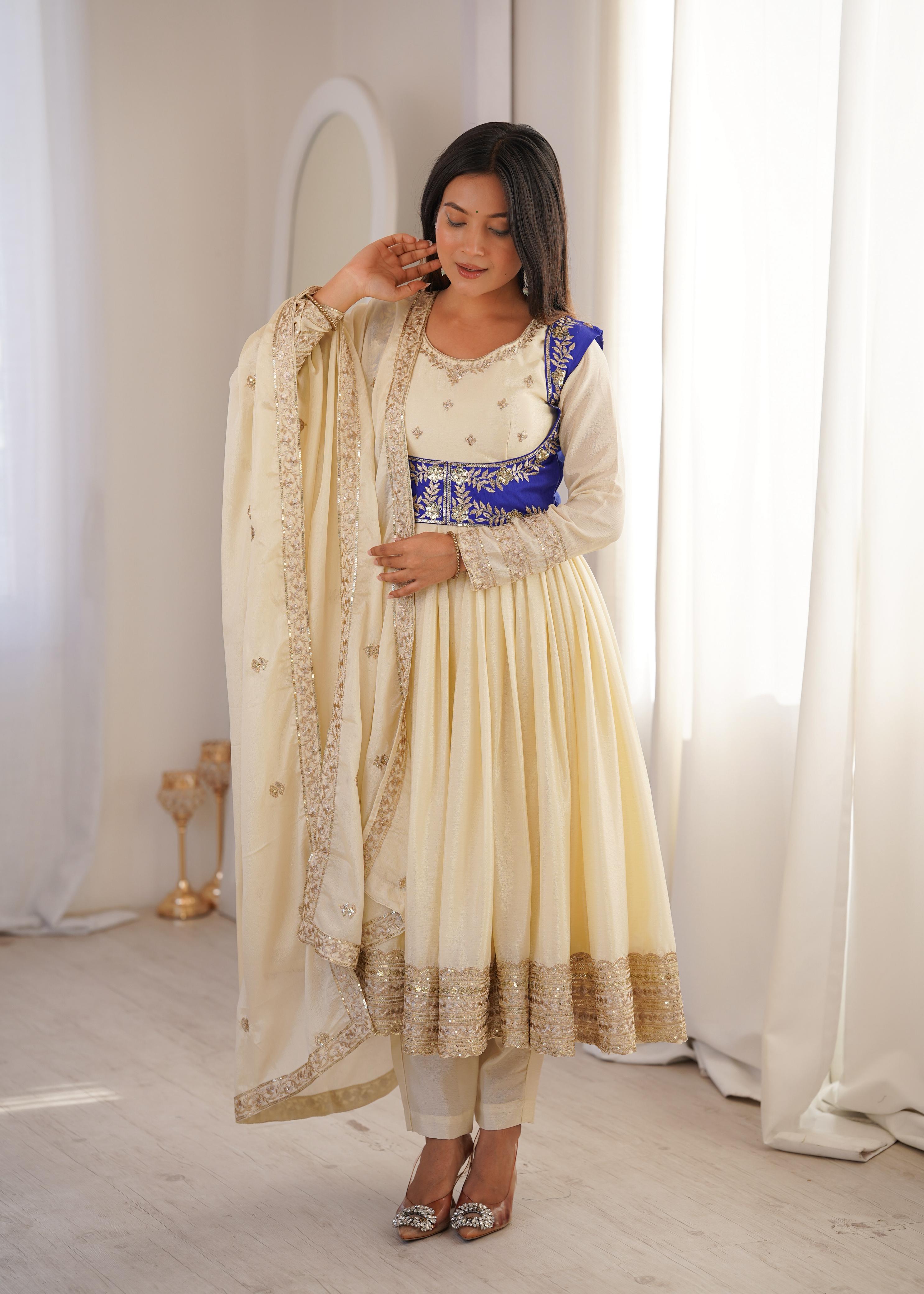Cream Chinon Silk Sequnce work Suit Set