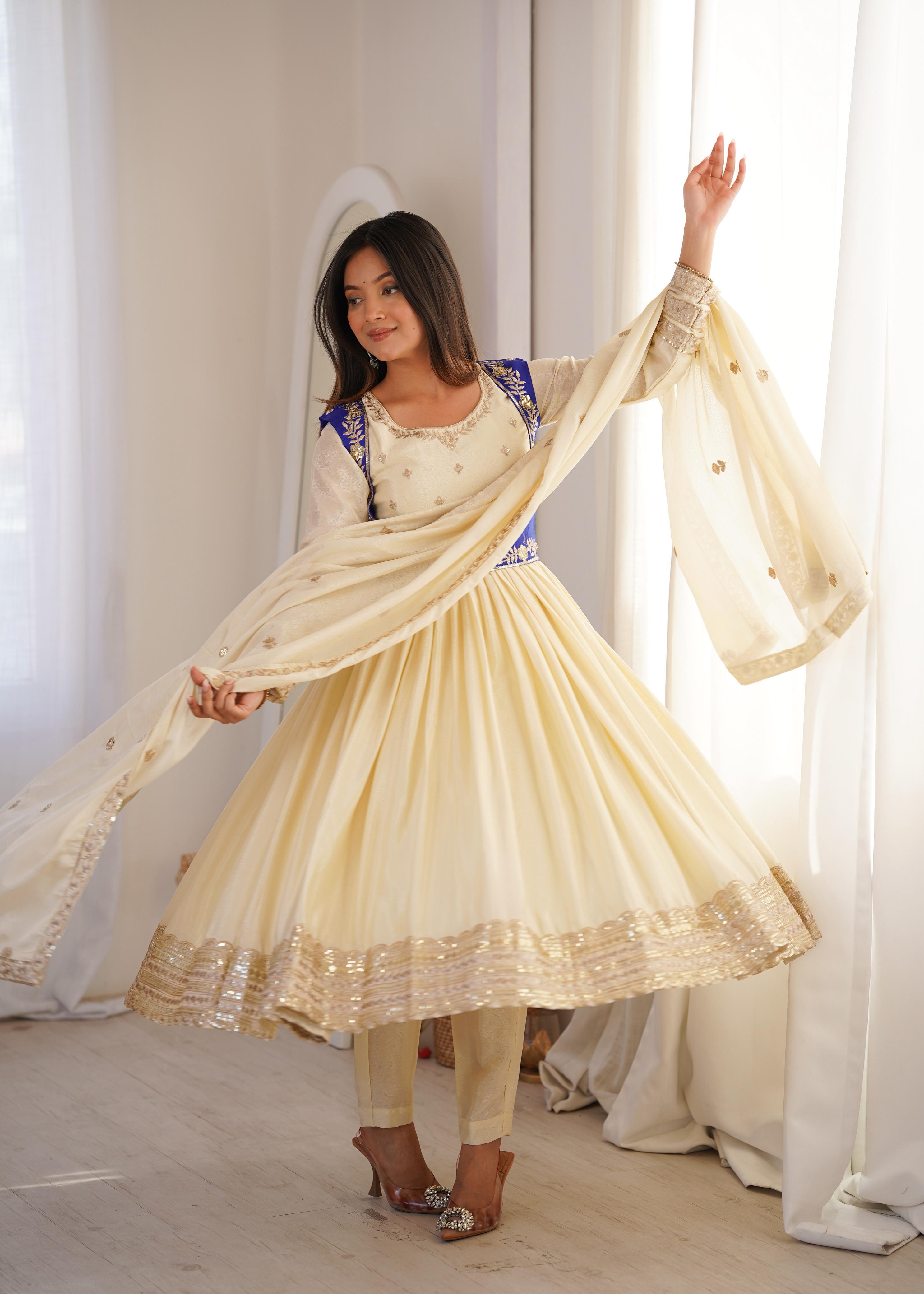 Cream Chinon Silk Sequnce work Suit Set